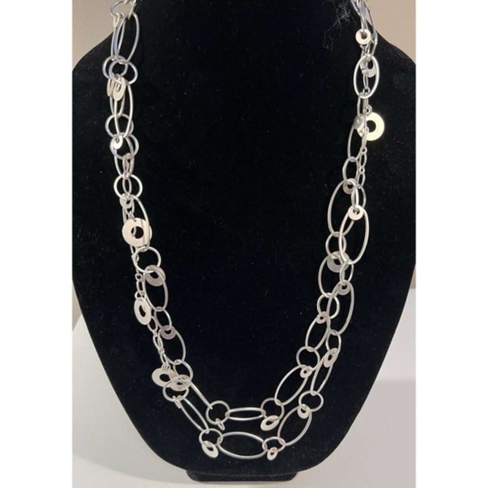 Premier Designs “Infusion” Necklace – Matte Silver Double Chain EUC 28" #070